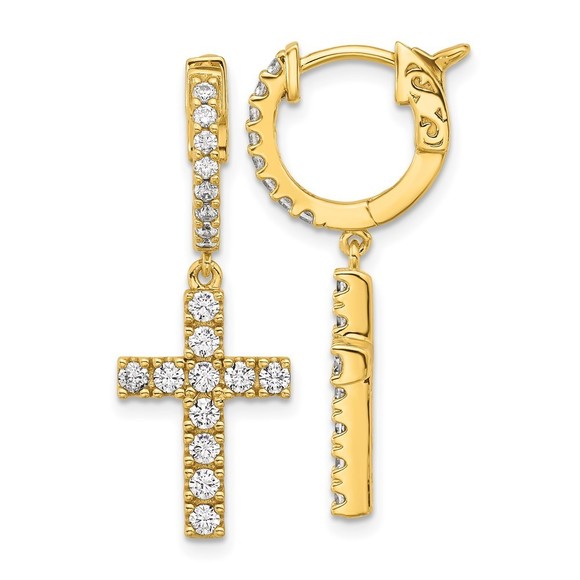 925 Sterling Silver Flash Gold-plated CZ 38 Stone Cross Hinged Hoop Earrings - Picture 1 of 4